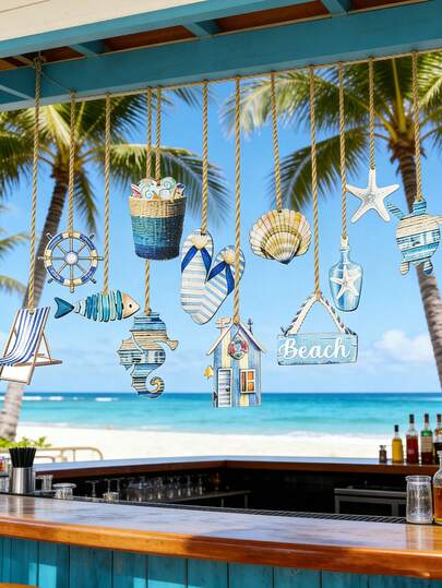12pcs Beach Wooden Decorations, Ocean & Summer Tree Decor, Summer Theme Wooden Ornaments, Coastal Nautical Wooden Silhouette Summer Hanging Decorations, Suitable For Mini Trees, Parties, Office, Hawaiian Tropical Christmas Tree Indoor Hanging Decor, Party Supplies