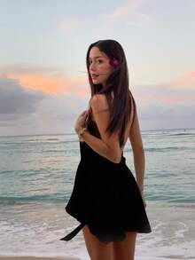 Women's Vacation Beach Sexy Solid Color Backless Halter Mini Dress - Black - View 1