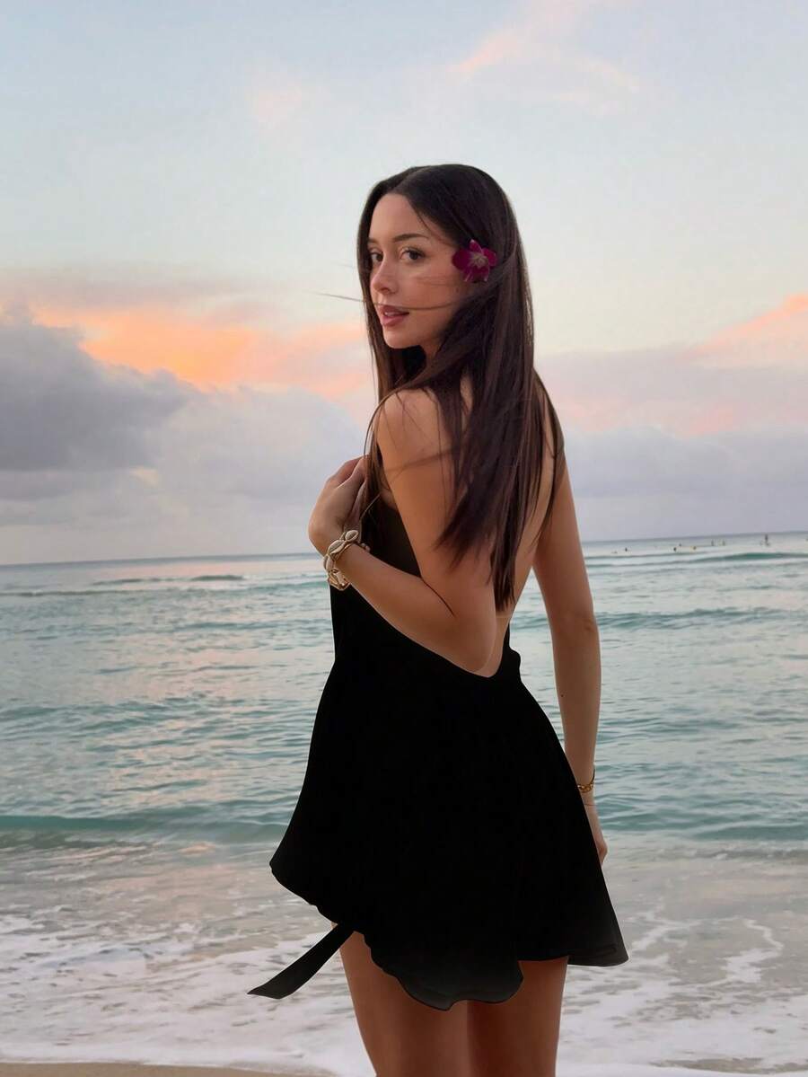 Women's Vacation Beach Sexy Solid Color Backless Halter Mini Dress - Black - View 1