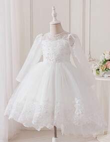 Flower Girl Dress Princess Style Girls White Long Sleeve Lace Pearl Beaded High Low Tulle Gown With Bow Back For Wedding First Communion Birthday Party Pageant Bridesmaid Formal Occasion - trắng - Xem 5