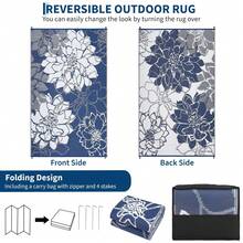 Hodeffior Outdoor Plastic Straw Rug 270x360cm Waterproof Reversible Floral Pattern Patio Carpet, Foldable Portable Outdoor Rug With Bag And 4 Stakes, UV Resistant Area Mat For Deck, Balcony, Camping, Picnic, RV - Dark Blue - View 3
