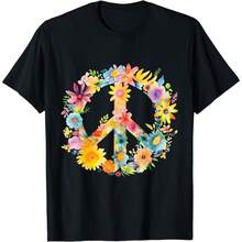 Peace Sign World Love Flowers Hippie Groovy Vibes Colorful T-Shirt - 黑色 - 查看 5