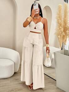 AIJ 女士夏季度假扭结吊带背心+褶皱阔腿裤两件套 - 米色 - 查看 1