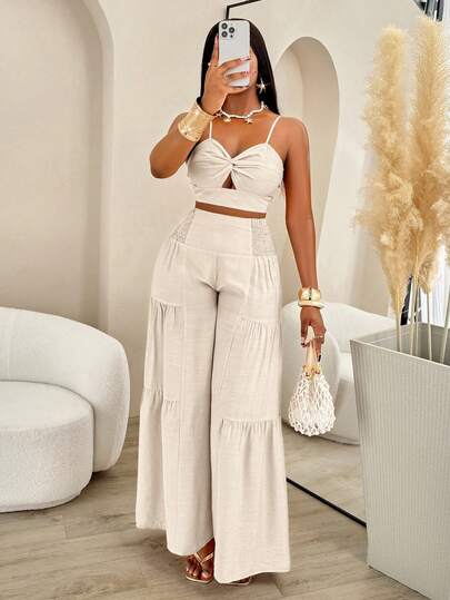 AIJ Conjunto de 2 piezas de camiseta de tirantes retorcida + pantalones anchos plisados para vacaciones de verano de mujer