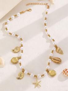 金贝壳海星珍珠项链 - 波西米亚风仿珍珠颈链，海洋主题吊坠首饰，适合女性/女孩夏季假日派对礼物 - 金色款一 - 查看 5