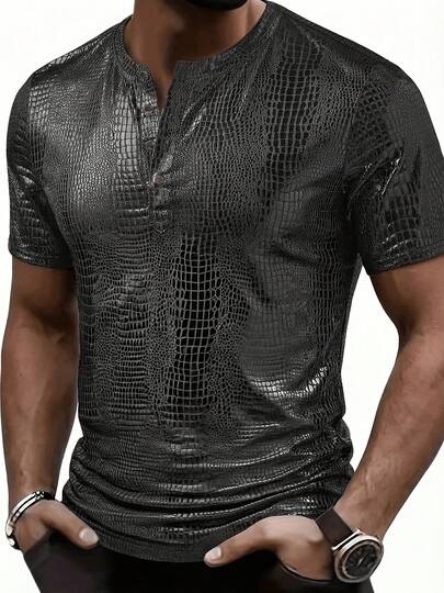 Áo thun ngắn tay Henley nam thời trang thường ngày, chất liệu vải họa tiết da cá sấu thoáng khí, thích hợp cho mùa xuân/hè.
