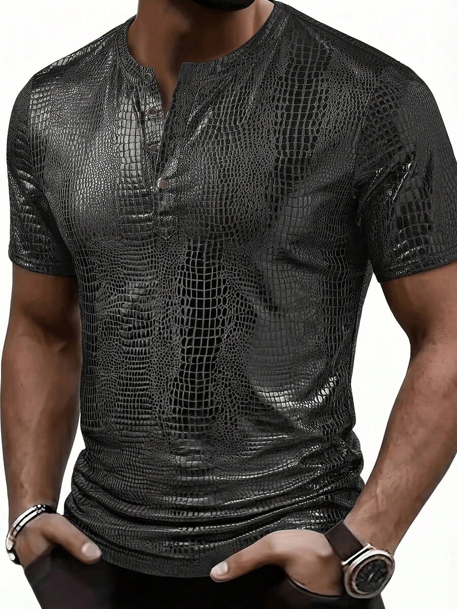 Áo thun ngắn tay Henley nam thời trang thường ngày, chất liệu vải họa tiết da cá sấu thoáng khí, thích hợp cho mùa xuân/hè. - màu đen - Xem 1