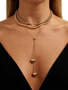 Bộ 3 mặt dây chuyền hình trái tim vàng kiểu dáng tối giản cổ điển, dây chuyền dài hình chữ Y, trang sức nhiều lớp đính hạt CCB thanh lịch, phù hợp cho phụ nữ. - Vàng - Xem 2
