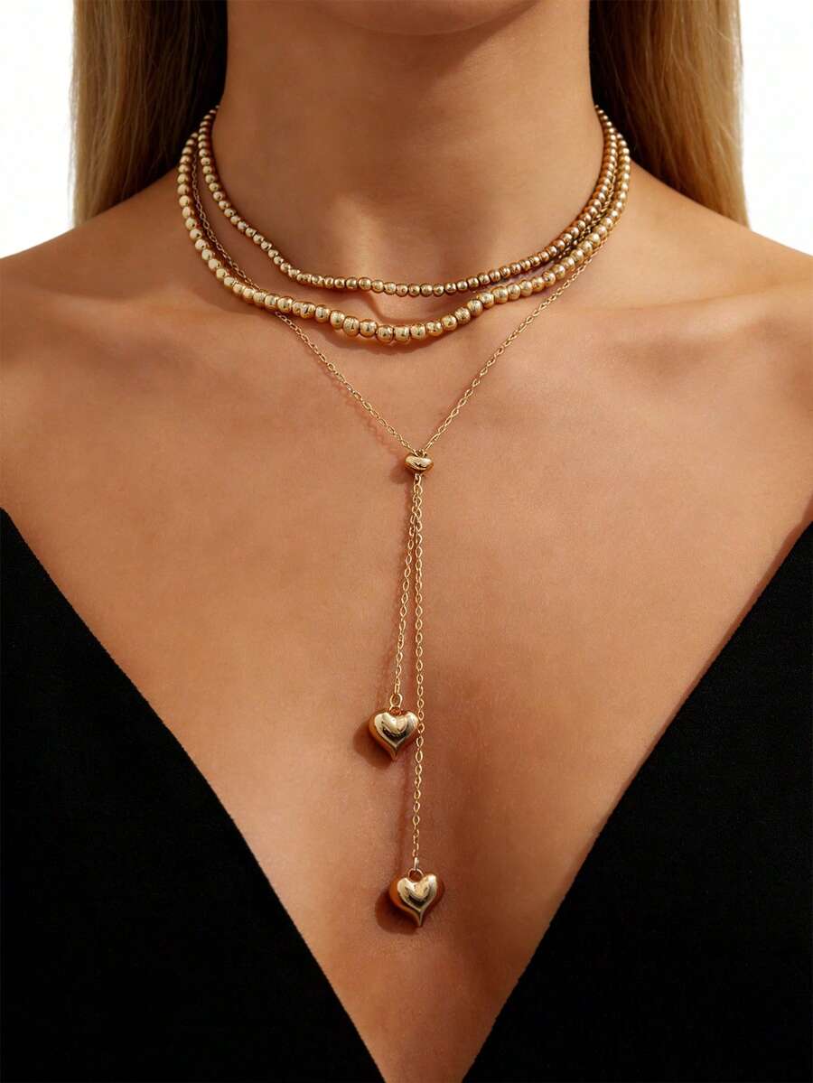 Bộ 3 mặt dây chuyền hình trái tim vàng kiểu dáng tối giản cổ điển, dây chuyền dài hình chữ Y, trang sức nhiều lớp đính hạt CCB thanh lịch, phù hợp cho phụ nữ.