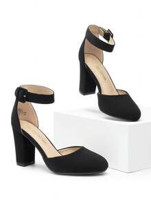 Women Heel Closed Toe Chunky High Heel Ankle Strap Wedding Party Comfortable Prom Pumps Shoes - 黑色 - 查看 1