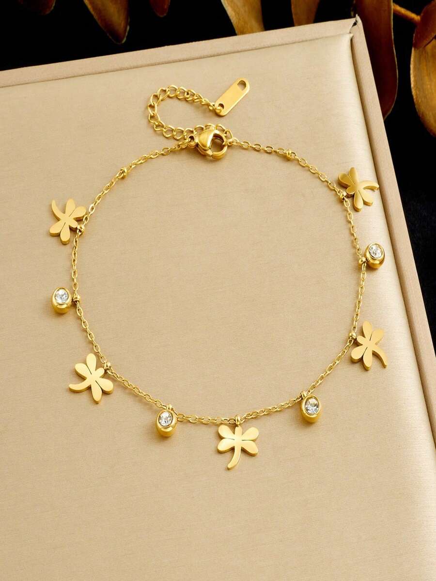 1件装时尚奢华金色蜻蜓吊坠不锈钢手链，女士款 - 金色 - 查看 1