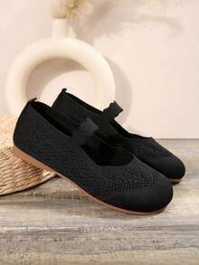 Autumn Women All Season Knit Mary Jane Flat Shoes, Solid Color Slip-On Round Toe Shoes, Fabric Upper & Lining, Rubber Outsole, Handwash Supported - 黑色 - 查看 7