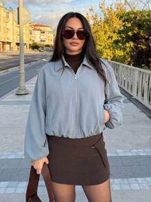 Women's Light Blue Zip Pocket Jacket - Casual Loose Lapel Spring/Autumn Coat - Baby Blue - View 4