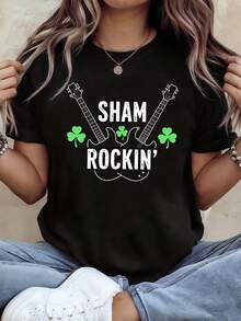 Sham Rockin' St Patrick's Day Guitar Graphic Print T - Shirt Women's Spring - Summer Short - Sleeve Crew - Neck Casual T - Shirt, Daily Leisure, Holiday Gift - 黑色 - 查看 6