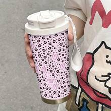 500毫升豹纹不锈钢保温咖啡杯，新款时尚便携水瓶，男女通用，带吸管车载杯，圣诞节/生日礼物 - 彩色 - 查看 14