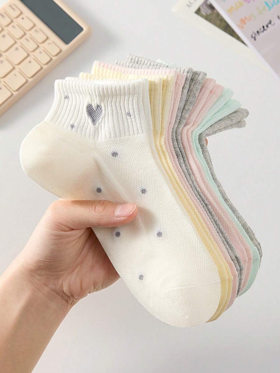 5 Pairs Women's Cute Sweet Breathable Heart & Polka Dot Pattern Ankle Socks, Invisible Socks, White Socks, Pink Socks, Suitable For Casual Daily Wear, All Season - Multicolor - View 1