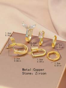 6pcs Set Elegant Luxury Cubic Zirconia Earrings For Women, 18K Gold Plated Copper Cross, Star, Fish Tail, Plain Circle Design, Suitable For Dates, Parties, Gifts - Gold - View 8