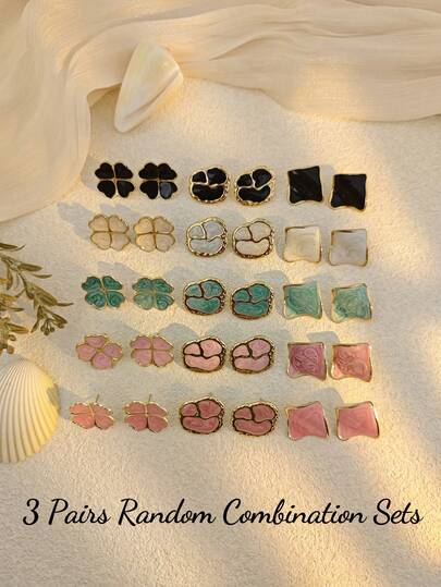 3对随机款式女士耳环，绿色、黑色、粉色、白色滴油耳环，防水防褪色，不锈钢材质，可个性化定制，方形耳环，四叶草耳环，不对称方块耳环，复古首饰