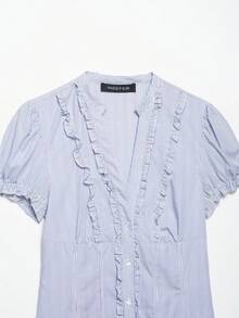 Áo kiểu nữ Seelio Xuân/Hè mới, áo sơ mi chiffon trang trí nhiều lớp theo phong cách tối giản Âu Mỹ. - Màu xanh lam - Xem 4