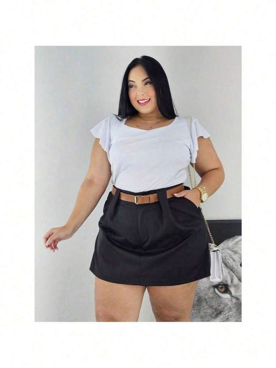 Short Skirt Plus Size Tailored With Belt Various Colors Summer - Black - View 1