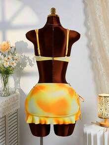 3-Piece Solid Color Tankini Swimwear Set, Wide Strap Design With Underwire For Comfortable Support, Fashionable Beach Style, Perfect For Summer Beach & Pool Parties Vacation White - Orange - View 9
