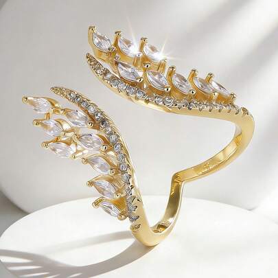 Charm-In Pierścionek z cyrkoniami markiza, otwarty, z miedzi platerowanej 18-karatowym złotem | Regulowany, liściasty wzór dla kobiet | Wyrazista biżuteria na co dzień i na prezent