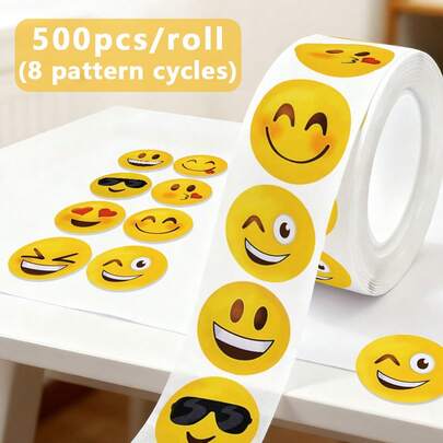 500pcs/Roll Yellow Smiling Face Stickers, 8 Expressions Encouragement Stickers Suitable For Teachers, Parents, Schools, Learning, Crafts, Non-Adhesive Labels, Back To School Decor, Motivational Stickers, Gift Stationery