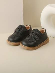 1 Pair Toddler/Kids Perforated Floral Leather Hook And Loop Round Toe Low Heel British Style Canvas Shoes, Suitable For Daily Wear, 1st Birthday Party, School Activities [Please Select Size Based On Actual CM Measurement] - Black - View 3