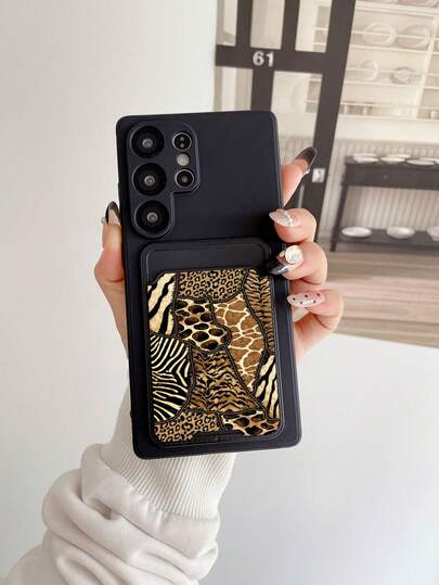 1pc Black TPU Minimalist Solid Color 2-In-1 Card Holder & Phone Case, Colorful Graffiti Leopard Print Pattern, Anti-Drop, Anti-Slip, Full Coverage For Apple Phone