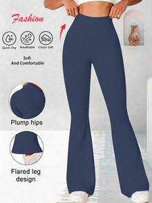 Women's Solid Color Flare Pants, Casual Yoga Pants For Daily Wear, Back To School Season, Autumn Spring - Navy Blue - View 2