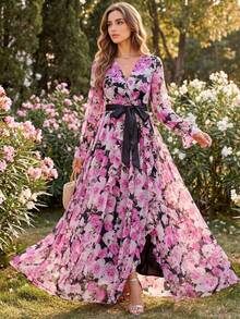 Elegant Boho Women's Long Sleeve A Line Maxi Dress With Floral Print Wrap And Belted Slit Hem Design - Multicolor - View 1