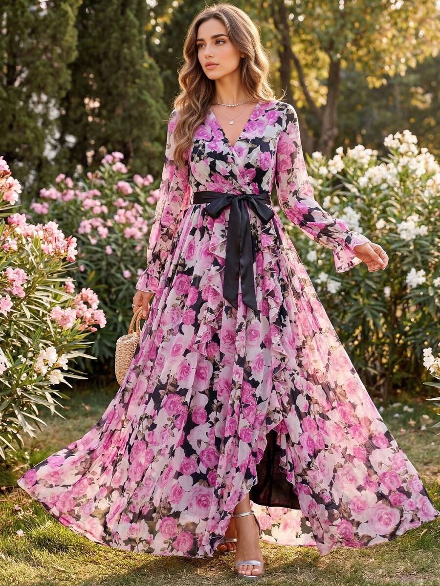 Elegant Boho Women's Long Sleeve A Line Maxi Dress With Floral Print Wrap And Belted Slit Hem Design - Multicolor - View 1