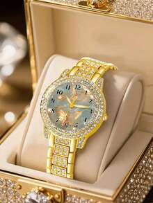 6pcs Luxury Elegant Women's Quartz Watch Set, Including Metal Butterfly Pattern Quartz Watch, Heart-Shaped Bracelet, Square Rhinestone Necklace, Earrings And Ring, Designed With Dreamy Gold And Butterfly Elements - Gold - View 4