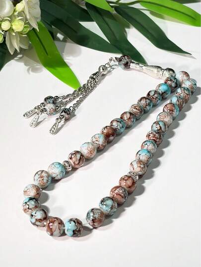 1pc 33pcs Muslim Prayer Beads Glass Flower Bead Silver Tassel Bracelet, Dual Use For Daily Prayer & Decoration