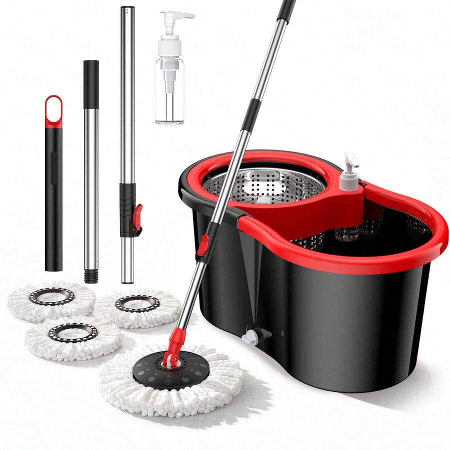 Mop Set With Bucket, Including A 360° Rotating Mop Head, Three Microfiber Mop Heads, And A Two-Section Adjustable Mop Handle For High Cleaning Efficiency. Single-Basin Rotating System Suitable For Hot Floors; Stainless Steel Mop. - TB02 - 查看 1