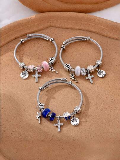 新款时尚百搭女士手链，皇冠镶嵌十字架和生命之树吊坠，奢华女士珠宝，适合日常佩戴和派对场合