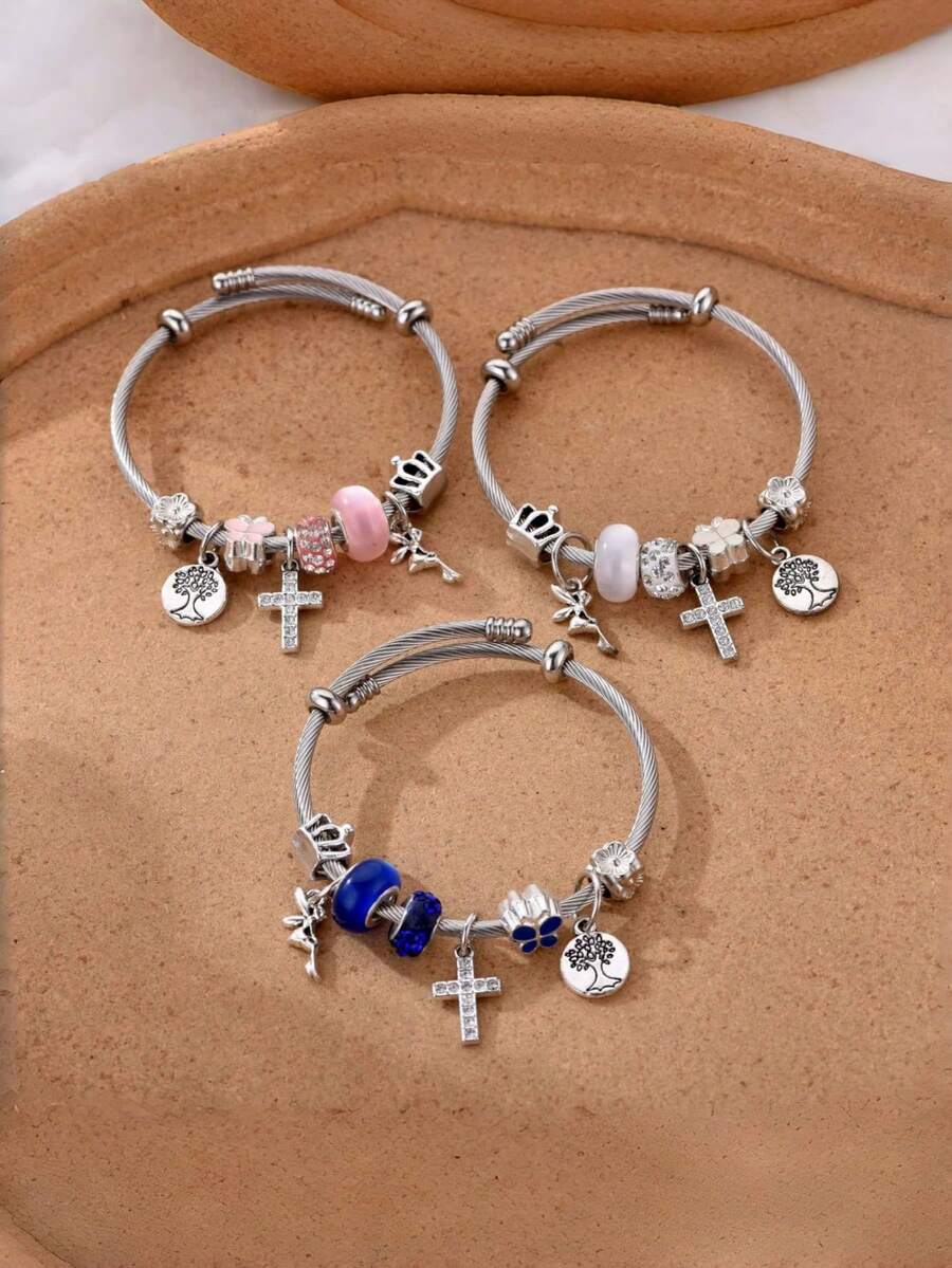 1 chiếc vòng tay nữ thời trang và đa năng, mặt dây chuyền hình thánh giá đính vương miện và cây sự sống, sản phẩm mới, trang sức cao cấp dành cho nữ, phù hợp để đeo hàng ngày và dự tiệc. - Nhiều màu - Xem 1