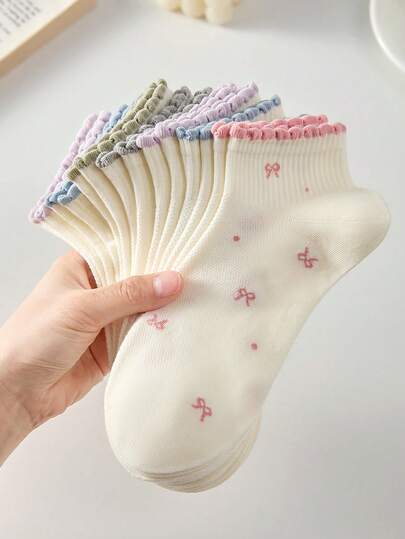 5 đôi tất nữ dễ thương, ngọt ngào, thoáng khí, có nơ và chấm bi, kiểu dáng xếp nếp, màu kẹo ngọt, phù hợp cho mặc hàng ngày, mọi mùa xuân, hè, thu, đông.