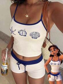 Women's Swimsuit Camisole, Elegant Sexy Ocean Print Lobster Crab Turtle Starfish Hibiscus Triangle Swimwear, Women's Crop Top With Built-In Bra Camisole Set, Suitable For Vacation, Beach, Pool And Sports, Autumn/Winter 2026 Spring/Summer, Music Festival, Basic, Graduation Ceremony, Women's Camisole And Spaghetti Strap Beach Outfit - 米色 - 查看 12