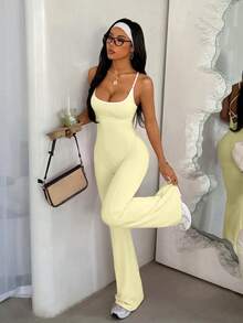 FWH Cross-Back Design With Abdominal Control And Bust Enhancement Effect | Flared Leg Hem Lifting And Lengthening Effect, Suitable For Office And Pilates, With Slimming Cross-Back Design, Built-In Abdominal Control, And Flared Leg Hem, Confident And Charming Activewear Jumpsuit From Office To Gym - Yellow - View 8