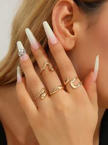 4pcs Set Liquid Lava Metal Adjustable Bendable Smooth Wrinkled Finish Gold Rings, Suitable For Daily Wear Or As Gift For Women - 4-piece Set - View 1