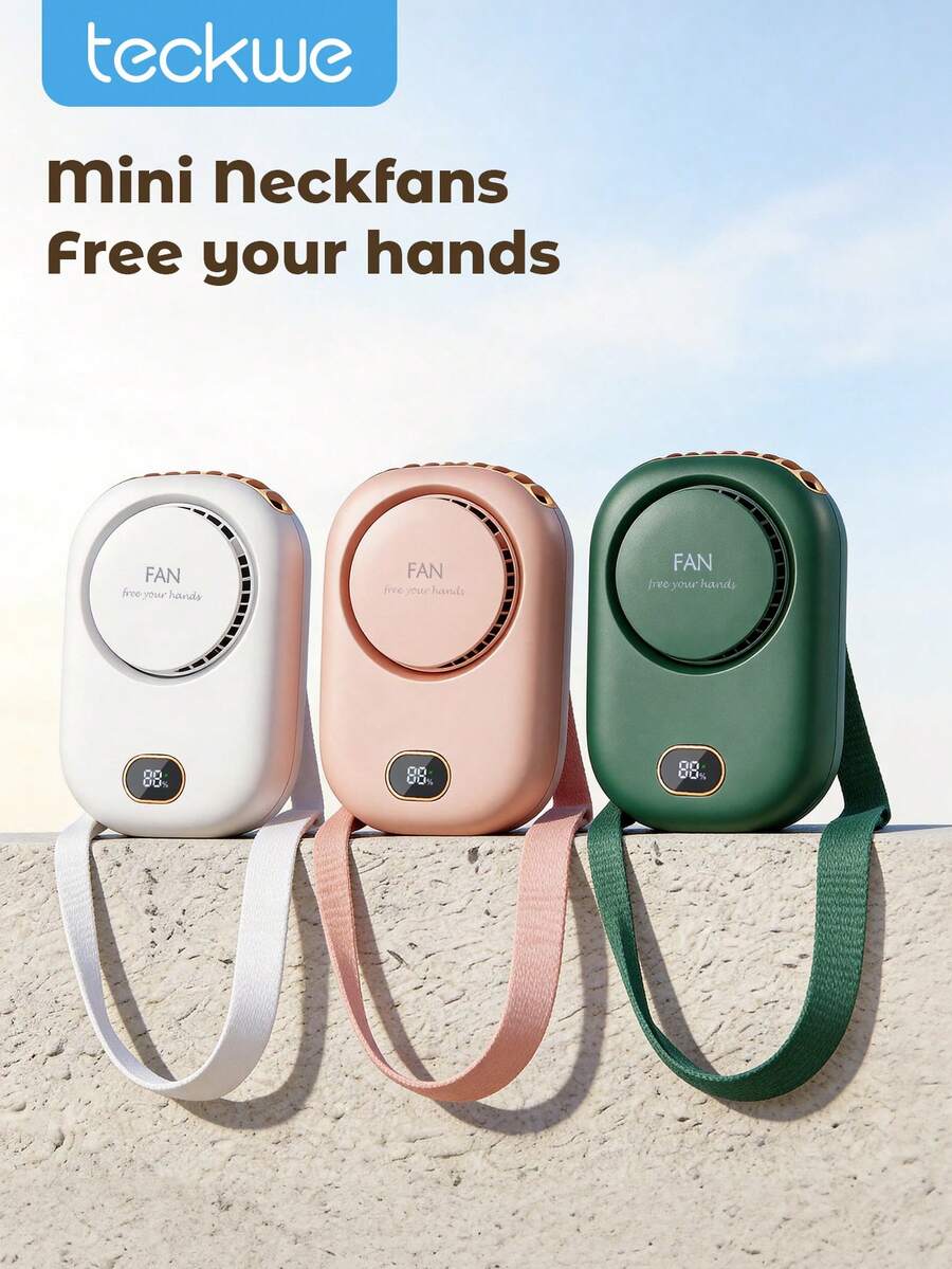 Teckwe Quạt mini không cánh sạc điện 2000mAh, quạt đeo cổ rảnh tay với dây đeo và giá đỡ điều chỉnh được, 3 tốc độ, phụ kiện cắm trại, bãi biển, du lịch, mùa hè ngoài trời, máy làm mát không khí - Nhiều màu - Xem 1
