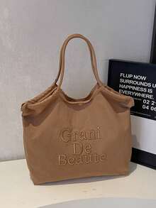 2026 Nuevo bolso de mano para mujer, diseño de nicho de gran capacidad para ir al trabajo, bolso de hombro casual y versátil de estilo minimalista y de moda, tela de nailon cómoda con diseño de color block, correas de hombro duales cómodas, diseño de apertura superior, capacidad espaciosa, de moda en línea - Caqui - Ver 9