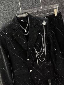 1-Piece Set Of High-End Starry Sky Suit, Men's Rugged And Handsome Nightclub Metal Chain Jacket, Shiny Shoulder Pad Suit - 黑色 - 查看 4