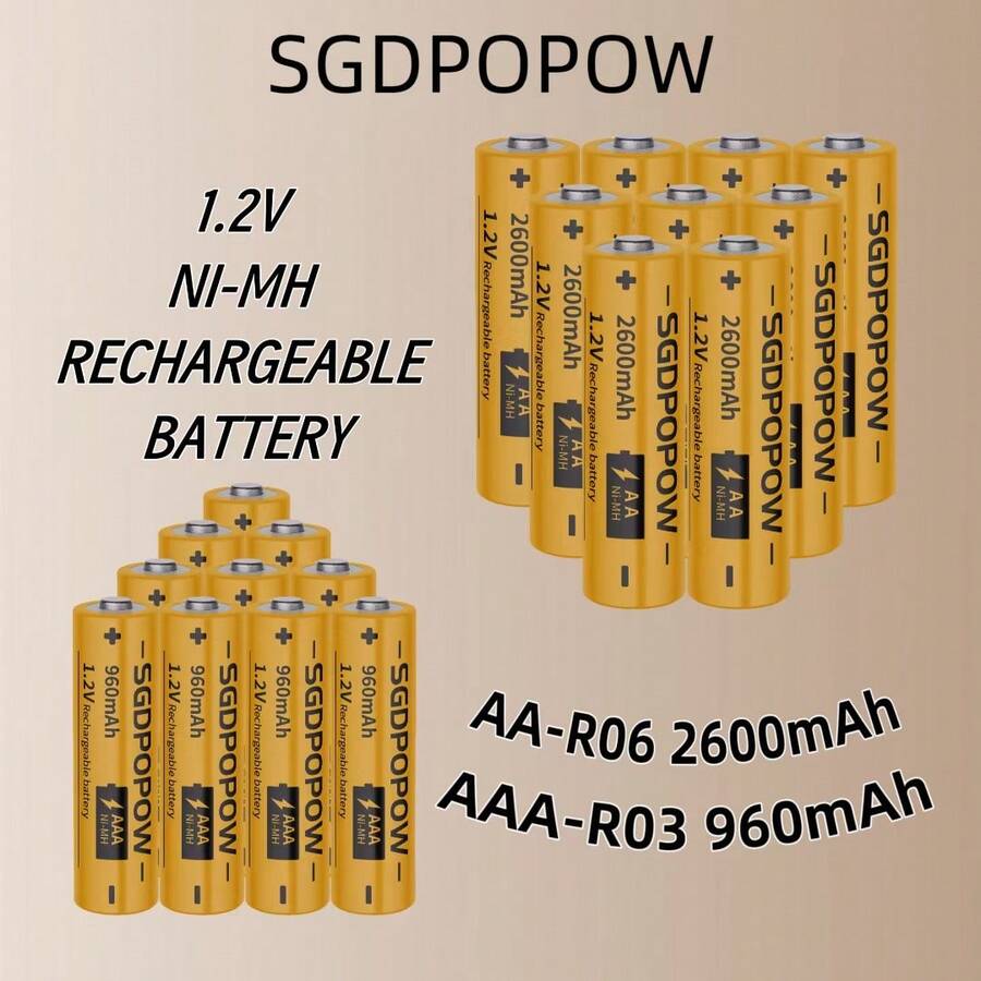 SGDPOPOW Baterai NiMH AA/AAA R06/R03 2600mAh/960mAh, Baterai Stabil, Cocok Untuk Mainan, Kunci Pintu, Dan Berbagai Produk Elektronik Yang Menggunakan Baterai AA Atau AAA