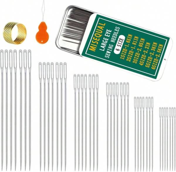 42 piezas de agujas de coser de ojo grande Misequal, juego de 6 tamaños de agujas de coser afiladas de acero inoxidable con enhebrador para hilo de bordado y costura a mano para manualidades (plata, 42 piezas)