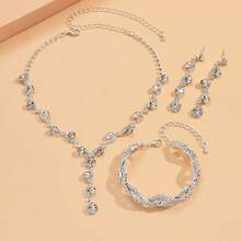 水钻项链首饰套装，花朵造型闪亮锆石吊坠项链、耳环和手链，适合新娘和伴娘佩戴 - 銀色 - 查看 3