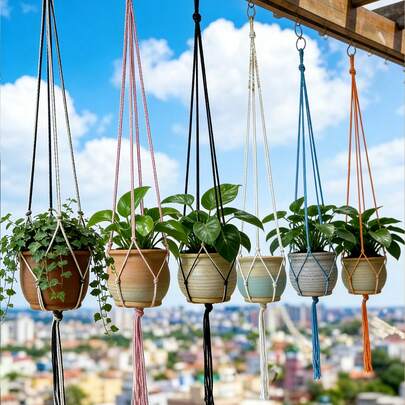 手工编织植物吊篮，室内外皆宜，棉绳材质，波西米亚风家居装饰，墙面艺术花盆架，适用于花园阳台，乔迁新居礼物