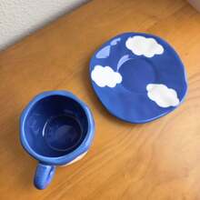 一套釉下彩手工马克杯，可爱早餐牛奶杯，饰以蓝天白云图案，陶瓷水/咖啡杯套装，简约创意不对称杯碟套装，家用 - 藍色 - 查看 6
