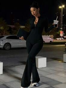 Women's Stand Collar Zipper One-Piece Sportswear, Spring - Black - View 7
